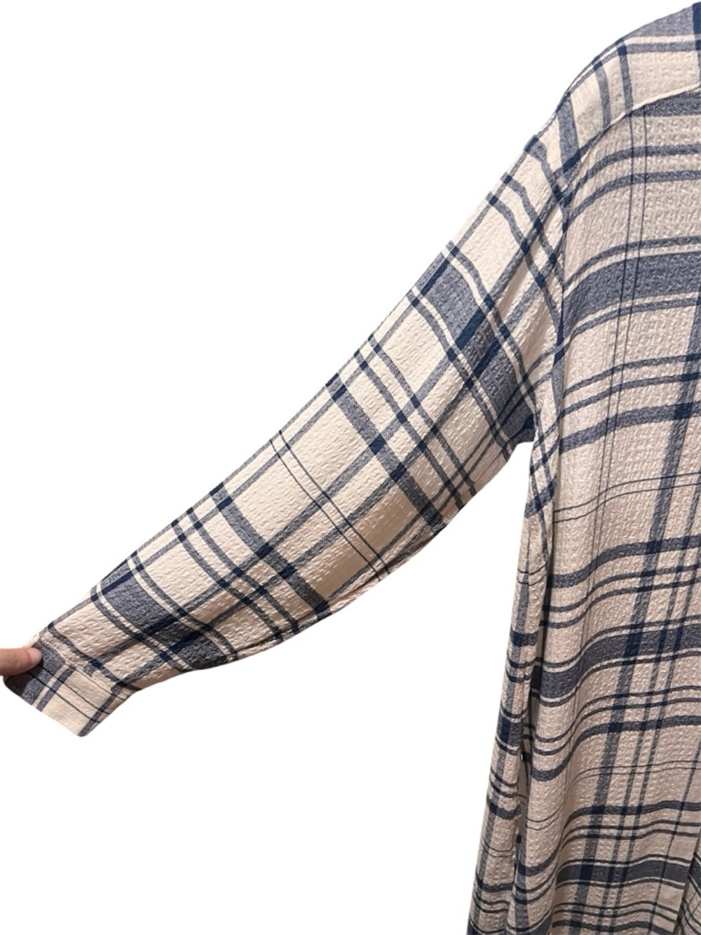 Pilcro Cream and Navy Long-Line Button Front Plaid High-Low Shirt Dress - Picture 7 of 15